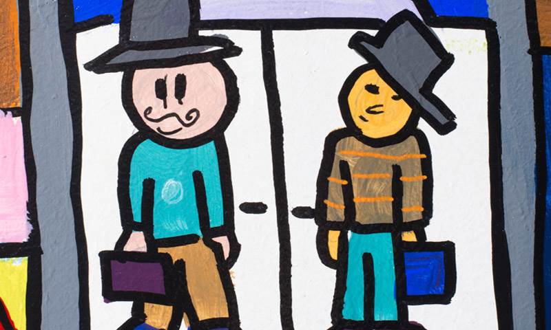Mural shows two people with top hats and briefcases
