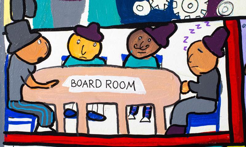 Drawing shows adults making decisions at a board meeting.