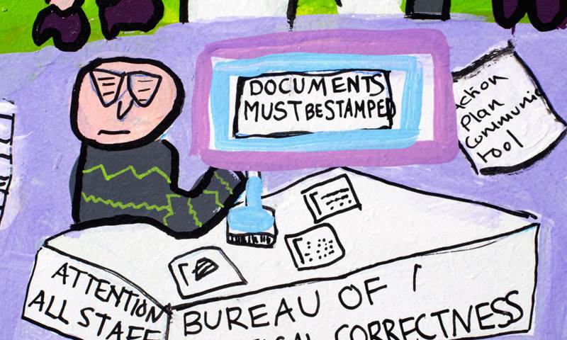 drawing of person surrounding by paperwork