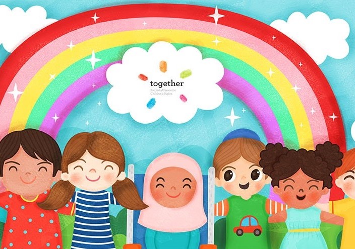 a rainbow, clouds and Together logo with a group of children