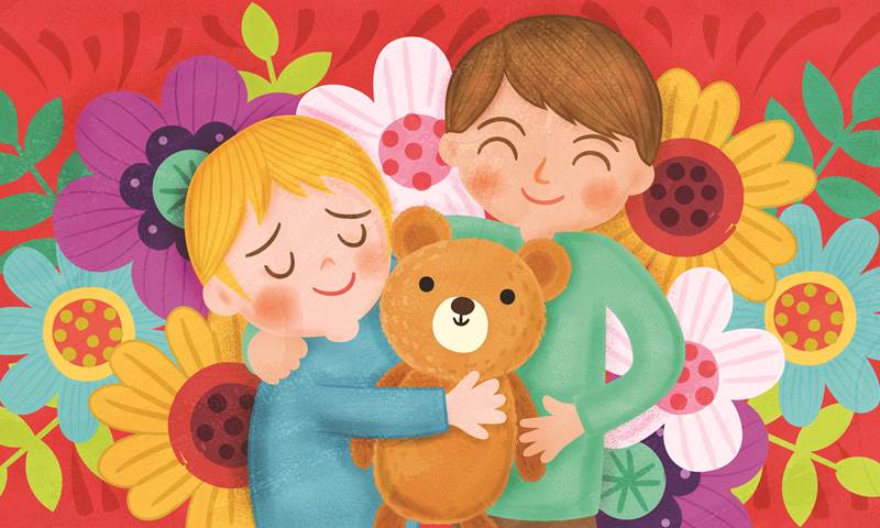 Illustration shows a child being comforted with a hug from their carer and their teddy.