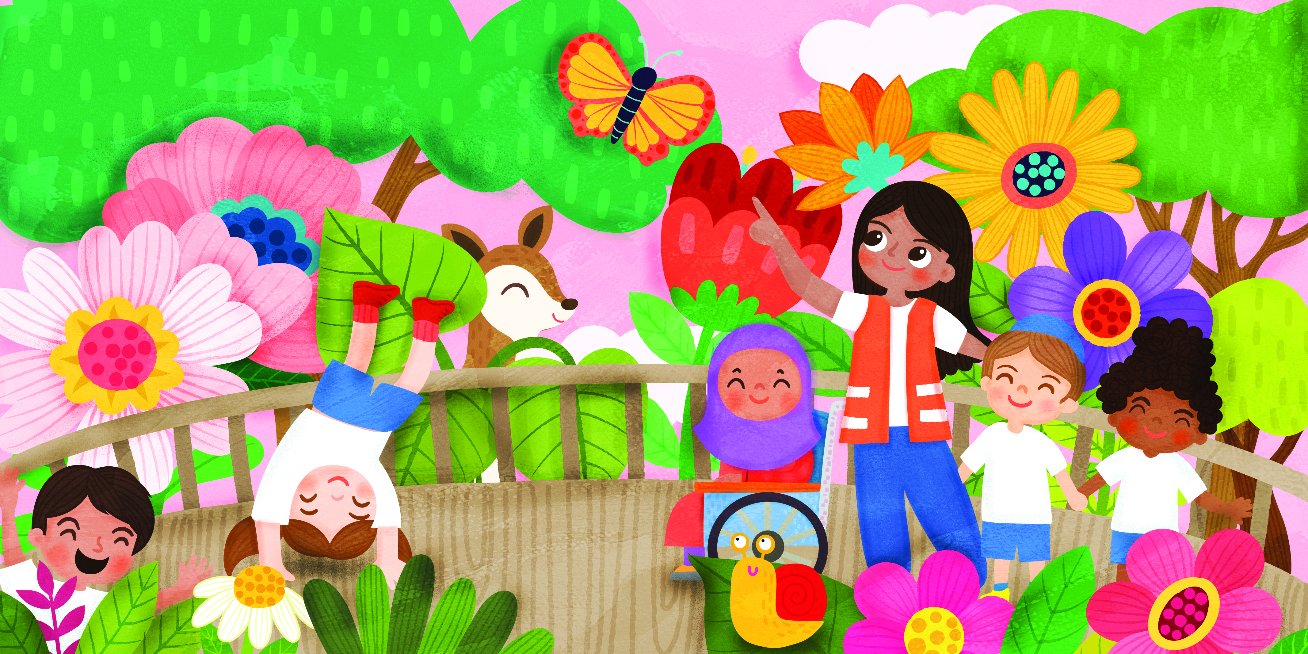 Illustration shows children on a school trip enjoying the nature around them. The teacher is pointing out a butterfly.