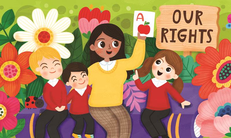 Colourful graphic of three children sitting with a female teacher who is holding an A for Apple Card. The children are holding an 'Our Rights' banner and are sitting in a garden with flowers. 
