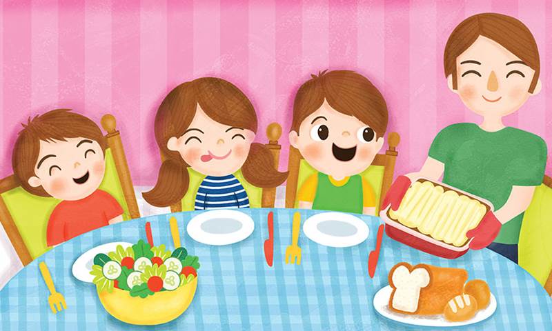 Illustration shows children sitting at the dinner table looking excited as their parent brings in their favourite dinner.