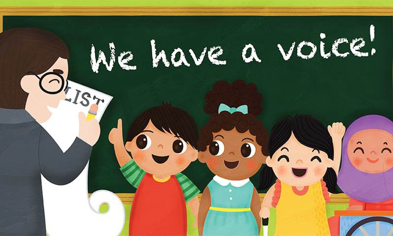 Illustration shows children making their voices heard.