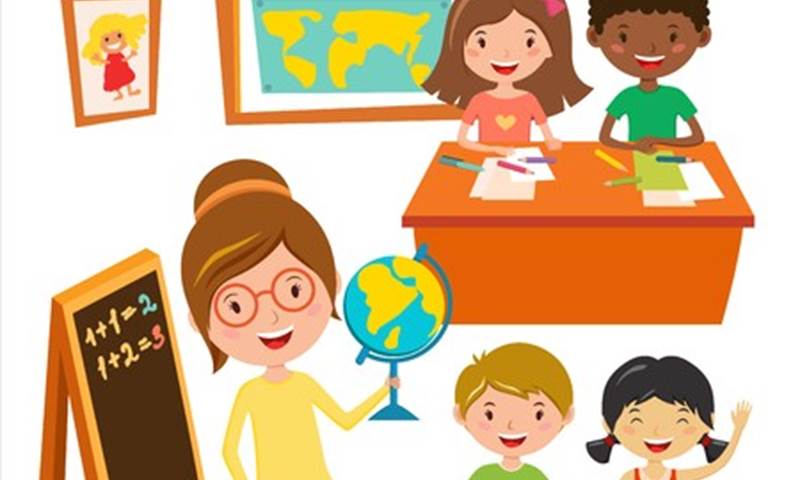Cartoon of four children sitting at desks in a classroom. The teacher stands beside a black board holding a globe.