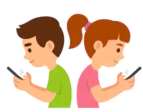 a boy and a girl standing back to back holding their phones