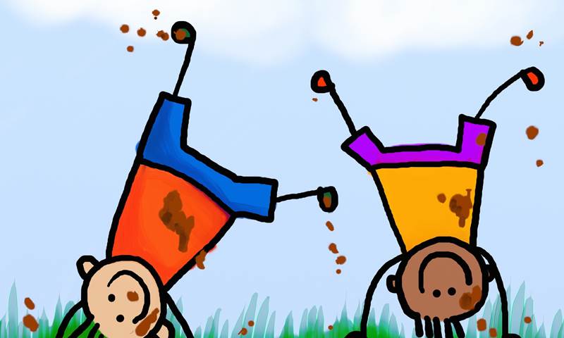 A cartoon of one white child and one black child both doing cartwheels on mucky grass. They are both covered in muck.
