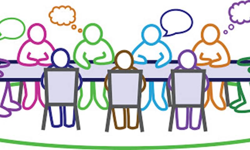 Cartoon graphic of nine faceless people sitting around a board table with speech and thought bubbles above their heads.