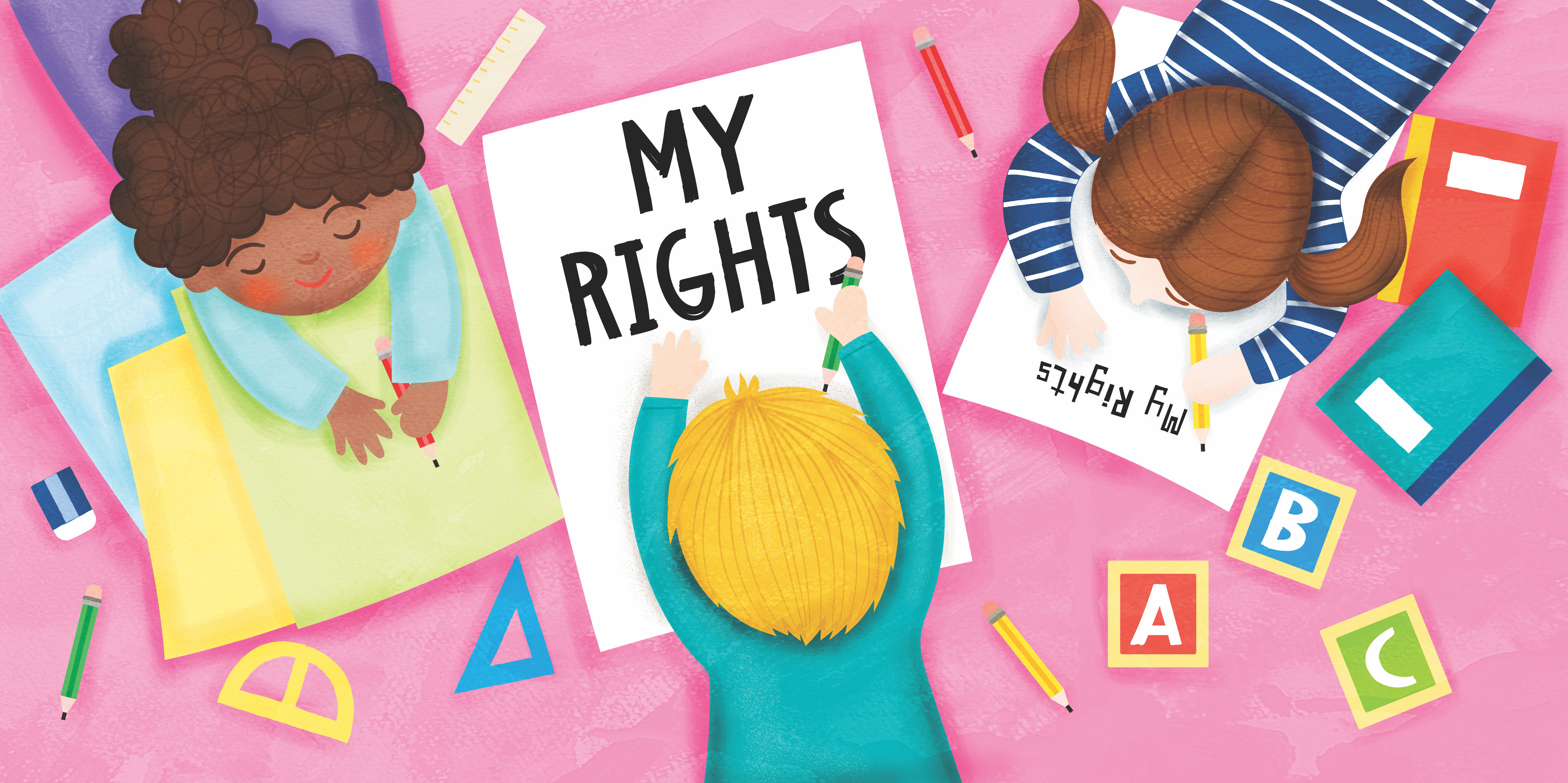 A group of 3 children on the floor with paper and pencil. Two of the pieces of paper say "My Rights" and surrounding them is stationary such a pencil, notebooks and rulers. There is also "A", "B" and "C" block.