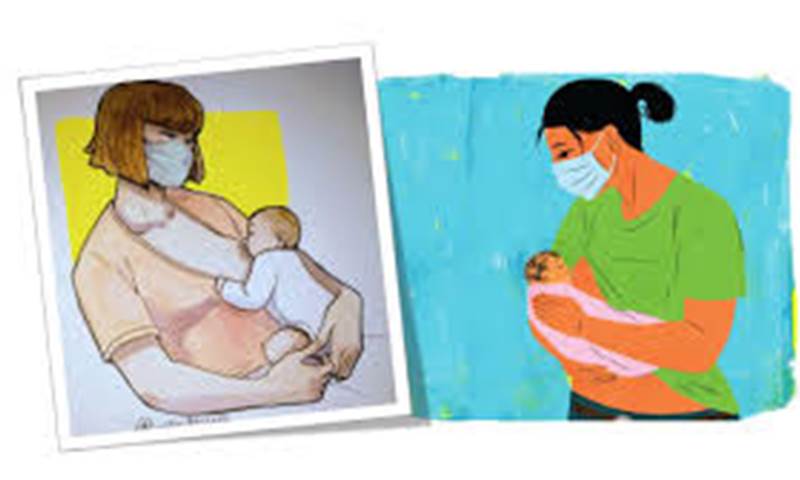 Two images overlapping of mothers holding babies. The mothers are wearing facemasks and the images look like polaroids.