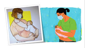 Two images overlapping of mothers holding babies. The mothers are wearing facemasks and the images look like polaroids.
