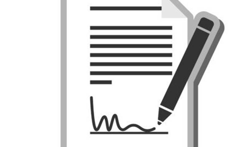 A cartoon black and white graphic of a letter with a pen signing the bottom of it.