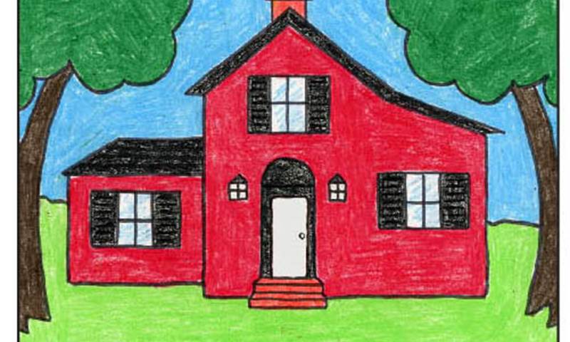 drawing of a red house with trees and a blue sky in the background