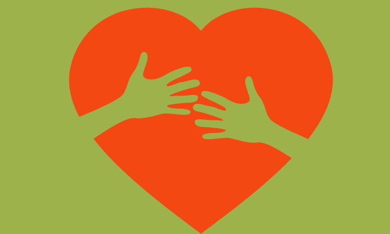 An image of a heart with two hands reaching for each other. The heart is red and the background is green.