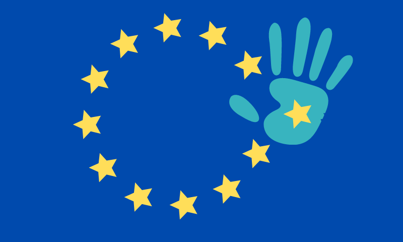 Image of the EU flag. One of the stars on the flag is away from the others and behind that star is an image of a child's hand.
