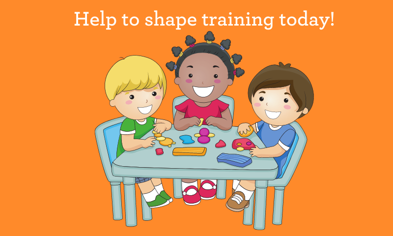 title reads "Helping to shape training today!" and below the title is a group of children molding clay figures on a table
