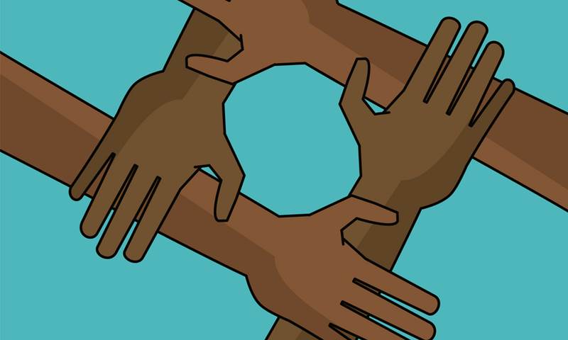 Cartoon graphic of two black and two brown hands holding onto each other's wrists to form a square.