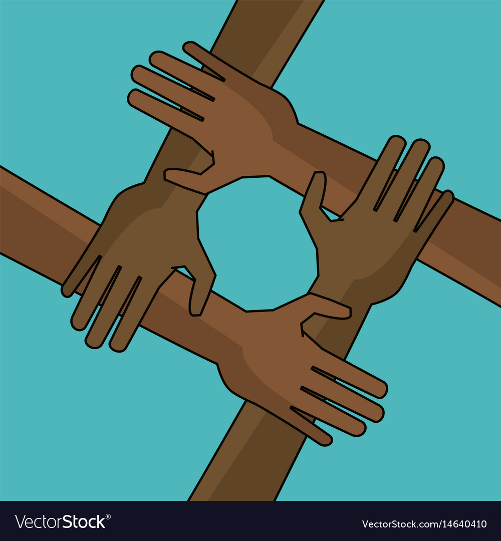 Cartoon graphic of two black and two brown hands holding onto each other's wrists to form a square.