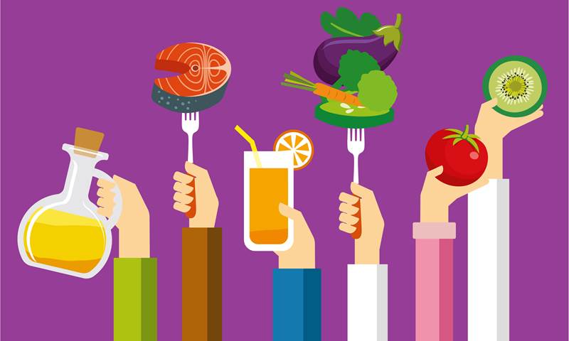 A cartoon graphic of hands holding food on a purple background.