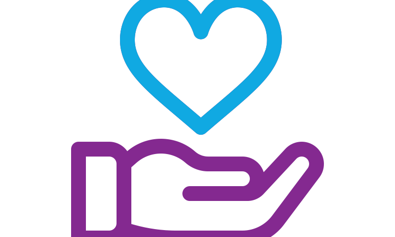A cartoon graphic of a purple outlined hand help upwards with a blue heart sitting in it.