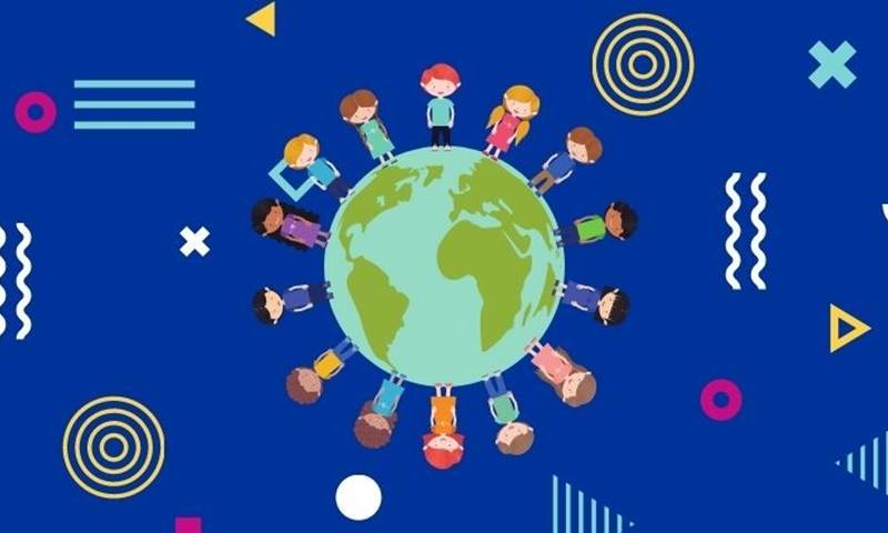 A cartoon of the world with children standing on it all around it. The background is navy and has different coloured shapes on it.