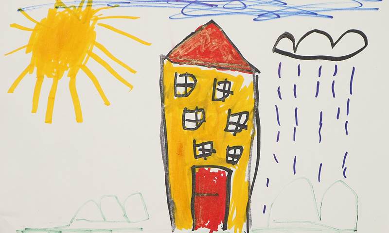 A child's drawing of a yellow and red house with a sun on the left and a rain cloud on the right. Above the house is a blue sky.