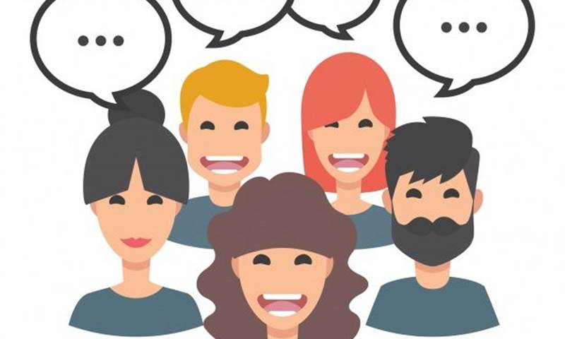 PEOPLE WITH SPEECH BUBBLES ABOVE THEIR HEADS