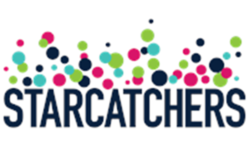 Starcatchers' logo which says 'Starcatchers' in capital, navy letters and has a mixture of navy, blue, green and pink dots above its name.