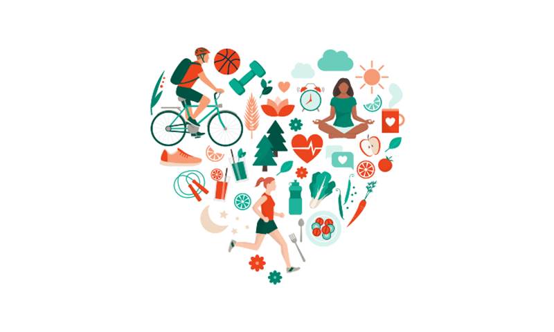 Cartoon of heart made up of different activities and items that can be related to wellbeing, like cycling, weights, a girl meditating, trees, the sun etc.
