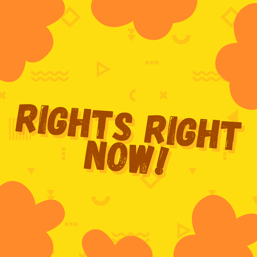 Logo for Rights Right Now! against a yellow background.