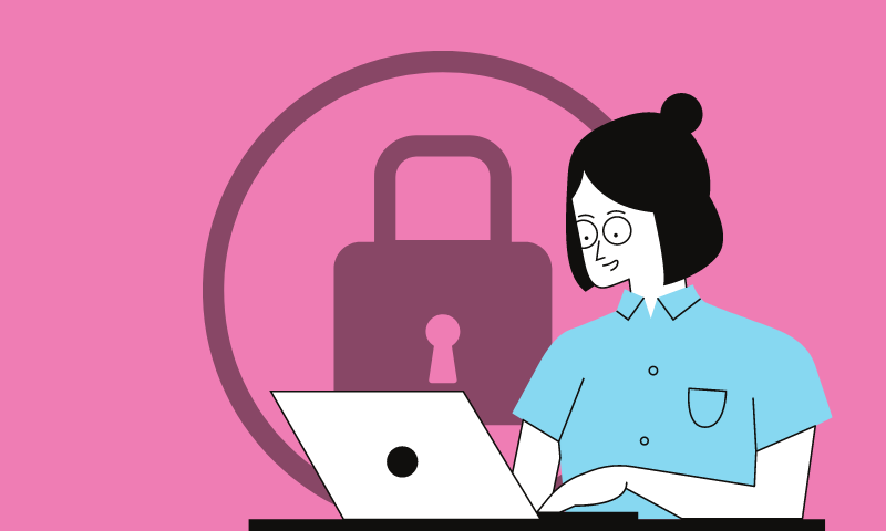 girl on a laptop with padlock behind her