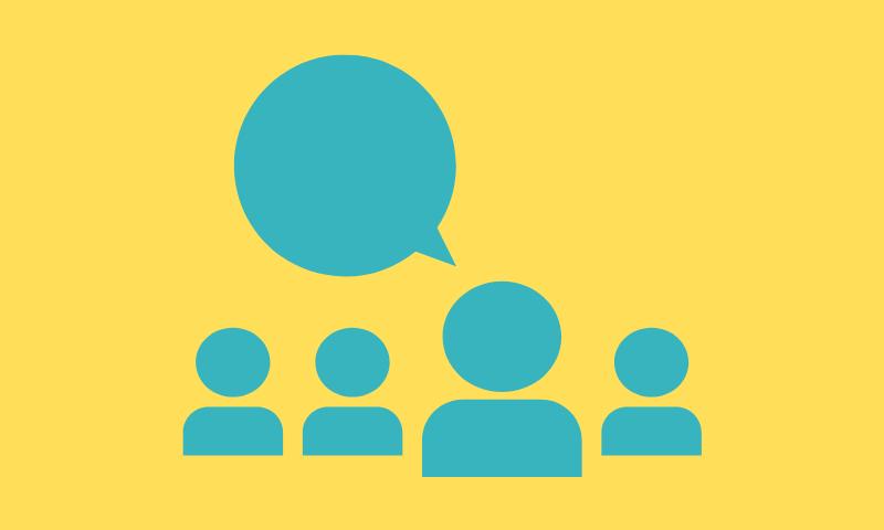 outlines of people with one person having a speech bubble above their head.