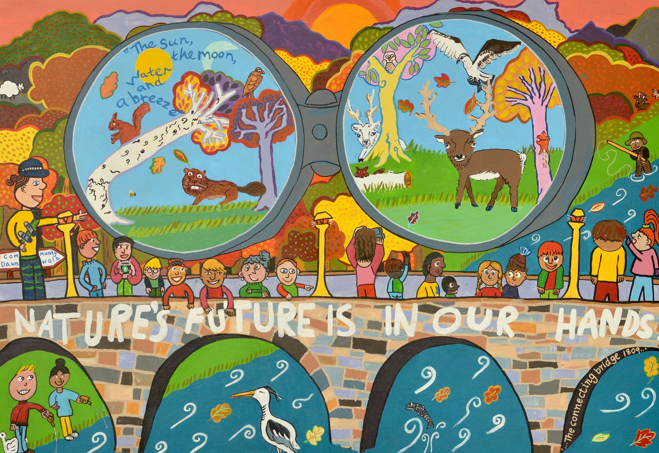 Mural shows children walking across a bridge which reads "Nature's Future is in our hands". The mural was created by Members of Children's Parliament.