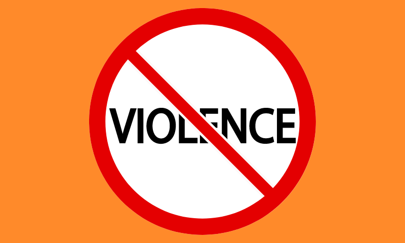 A sign with the word 'Violence' crossed out.