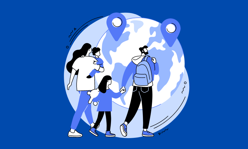 a family stood next to a globe 