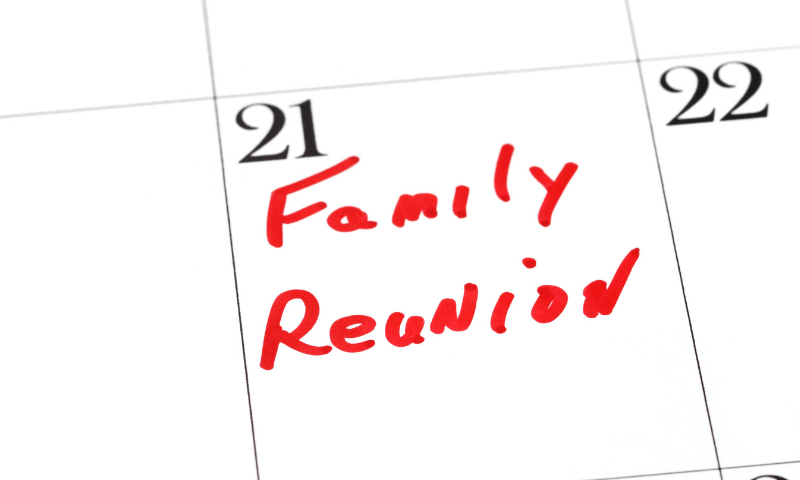 Section of a calender reading "Family Reunited"