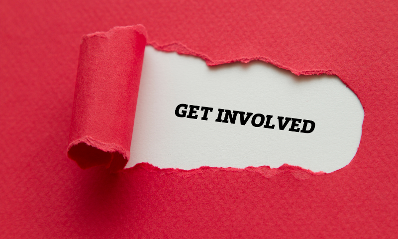 get involved written against pink paper
