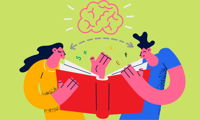 two people holding a book and the image of a brain above them