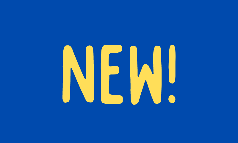 'New!' with blue background