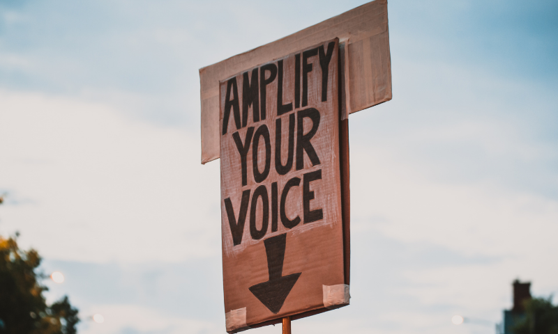 A cardboard sign which say 'amplify your voice'
