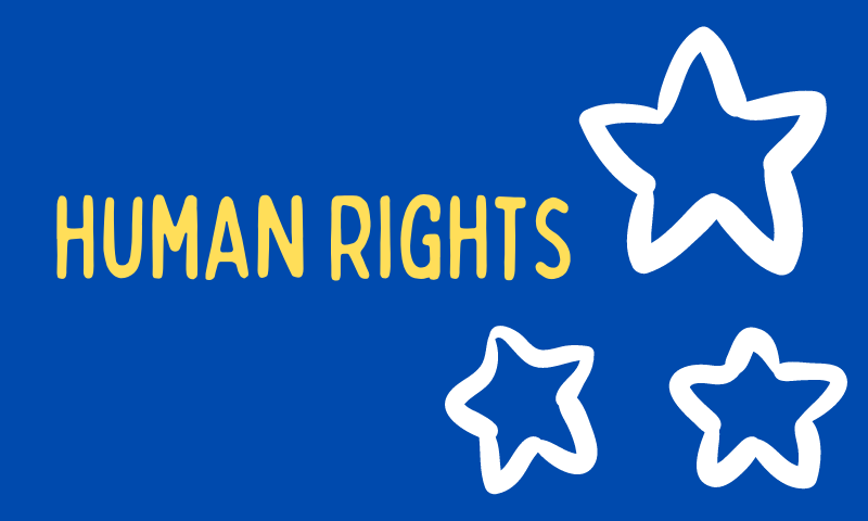 Blue Background with three white stars and writing reading HUMAN RIGHTS