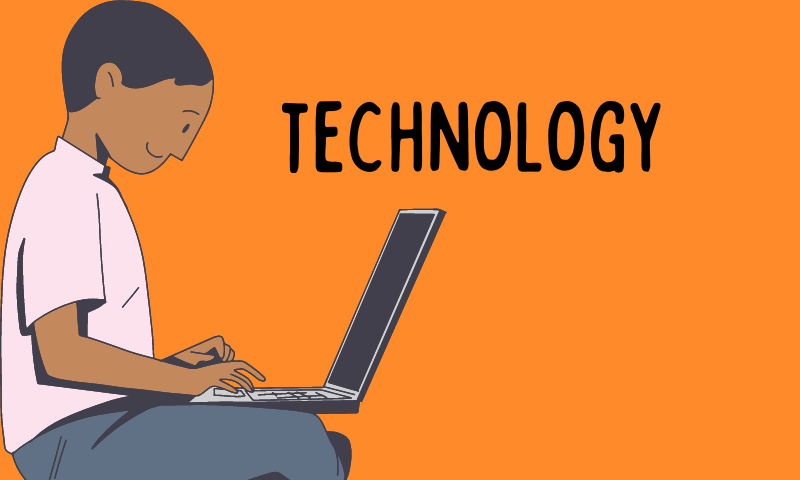 boy with a laptop and technology written in text