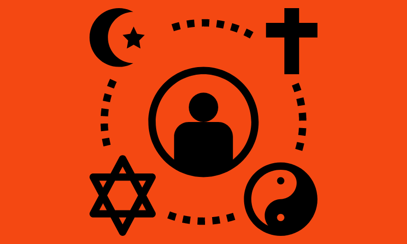 Illustration shows a silhouette encircled by religious symbols