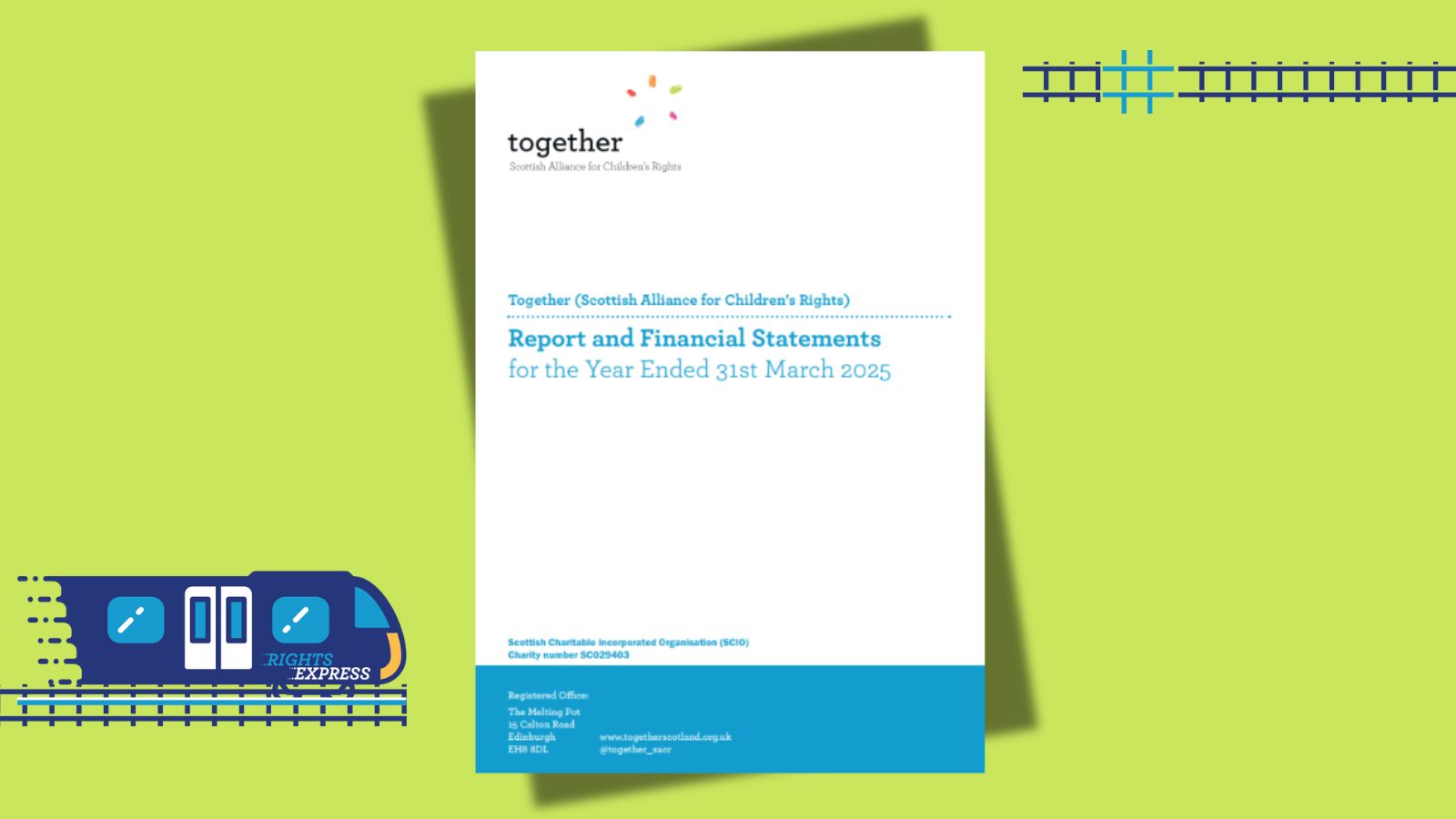 Screenshot of front cover of annual report. Train tracks top and bottom and Rights Train icon. Graphic.