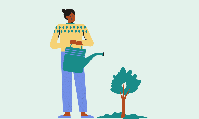 Graphic shows a child watering a small plant.