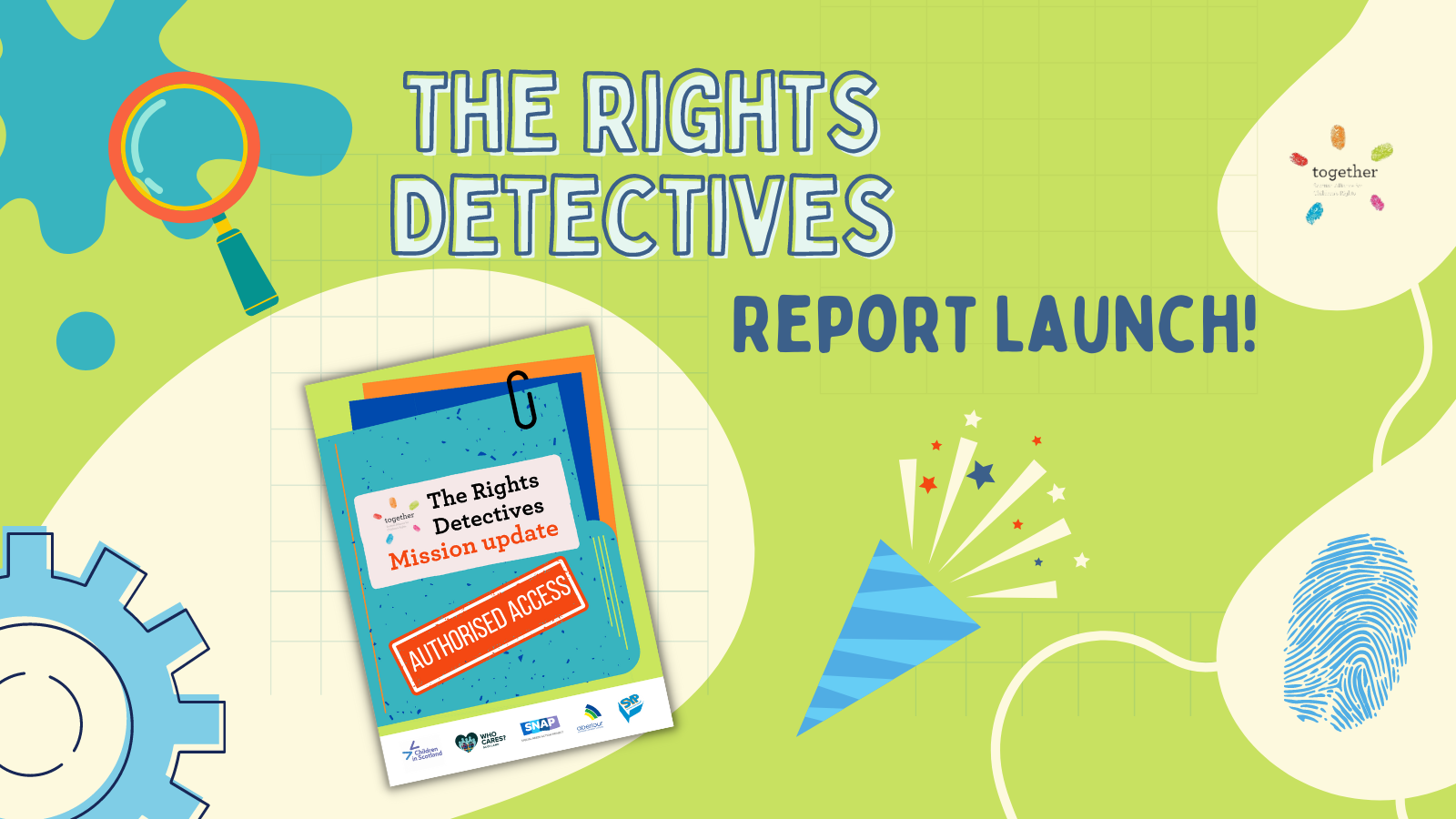 There is a shape with a magnifying glass over it at the left-hand side, a wheel shape at the bottom left hand side. There is a shape underneath a screenshot of the report. There is a confetti to celebrate report launch. At the right hand side there is two shapes and on one of the shapes is a fingerprint.