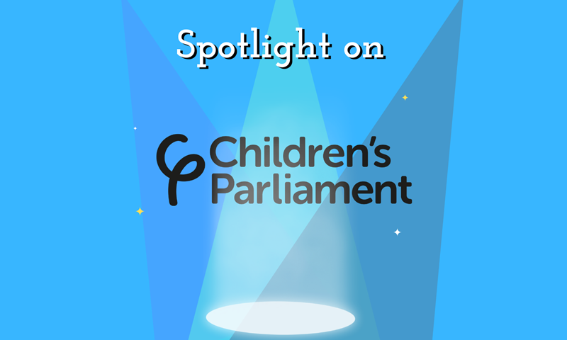 Graphic shows Children's Parliament logo against a blue backdrop with a spotlight shining down on it.