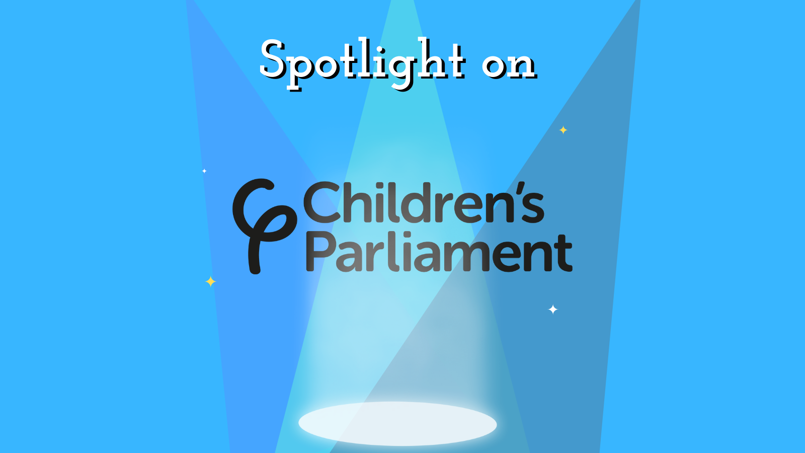 Graphic shows Children's Parliament logo against a blue backdrop with a spotlight shining down on it.