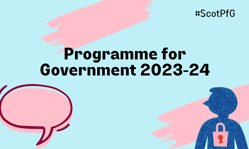 'Programme for Scottish Government 2023-24' text in the middle. At the bottom there is a speech bubble and a child with a lock to symbolise protection. Two stroke lines at the top and bottom. At the top '#ScotPfG'